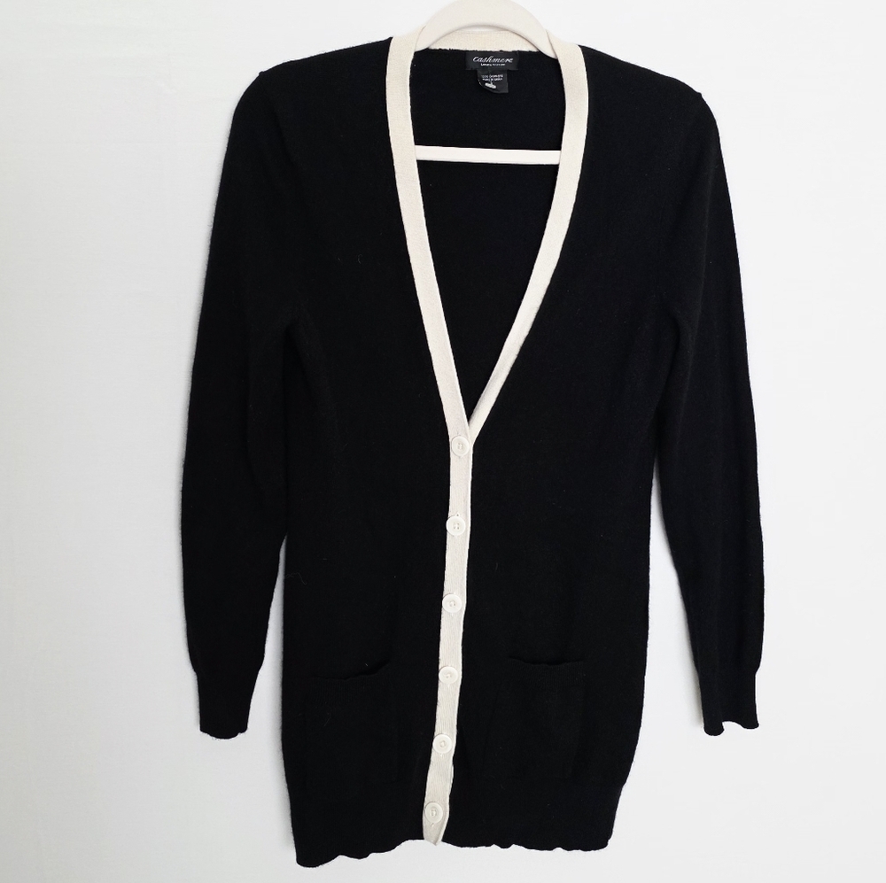 Cashmere Lord & Taylor Ivory Black Quiet Luxury Women's Cardigan Sweater Size L